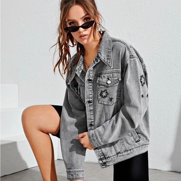 SHEIN Jackets & Blazers - Letter & Plants Graphic Trunker Gray Denim Jacket